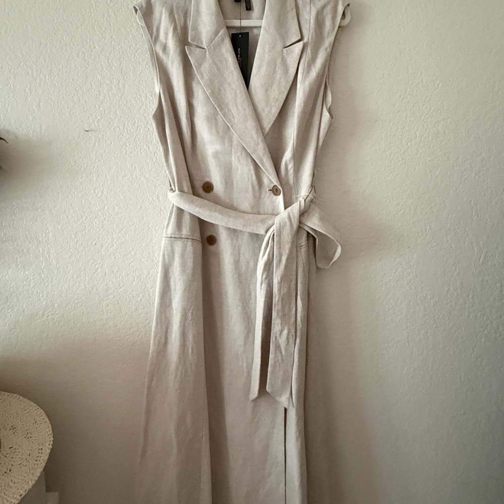 Donna Karan Beige Belted Linen Midi Dress
